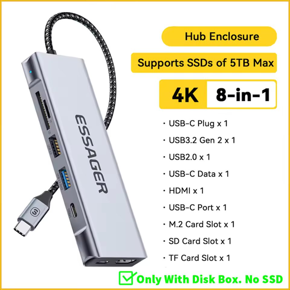 Essager ES-TA08 Hub USB-C 8-en-1 avec Boîtier SSD M.2 NVMe Intégré - Arsenal HANTKO